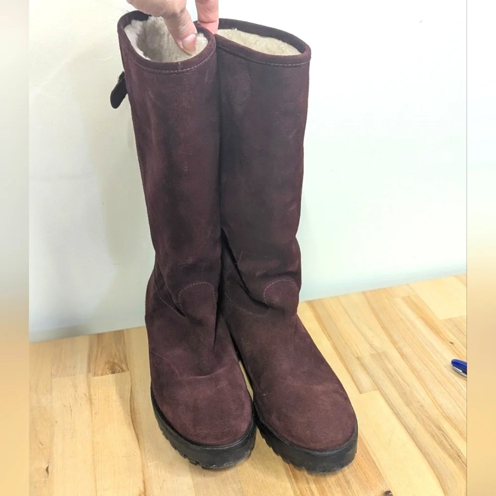 Bally Tall Suede shearling Boots Maroon Apres Ski Designer 36 5.5 / 6 Lug Soles